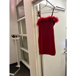 Sexy Little Red Dress with Feather Trim- New